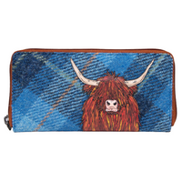 Yoshi Highland Cow Blue Harris Tweed Leather Zip Round Purse