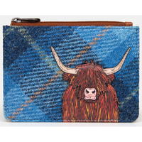 Yoshi Highland Cow Blue Harris Tweed Zip Top Leather Purse