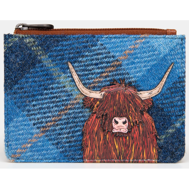 Yoshi Highland Cow Blue Harris Tweed Zip Top Leather Purse