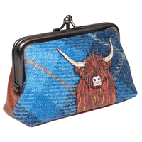 Yoshi Highland Cow Blue Harris Tweed Leather Triple Frame Purse