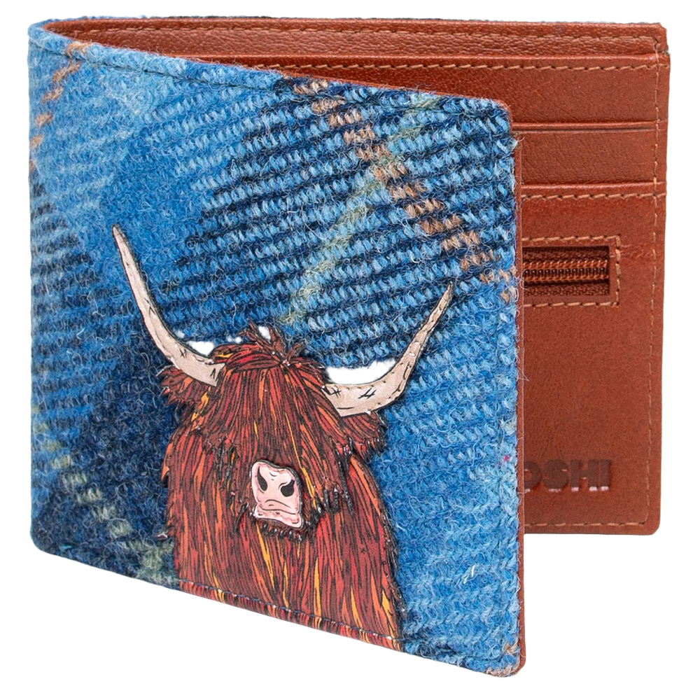 Yoshi Highland Cow Blue Harris Tweed Leather Wallet