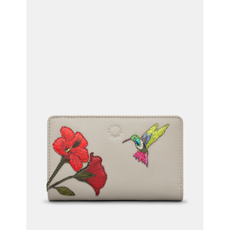 Yoshi Petal & Feathers Hummingbird Flap Over Zip Round Warm Grey Leather Purse