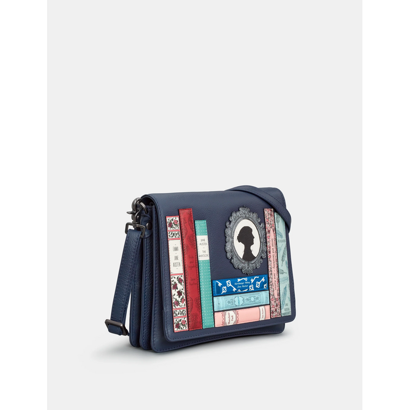 Yoshi Jane Austen Bookworm Triple Gusset Navy Leather Flap Over Bag