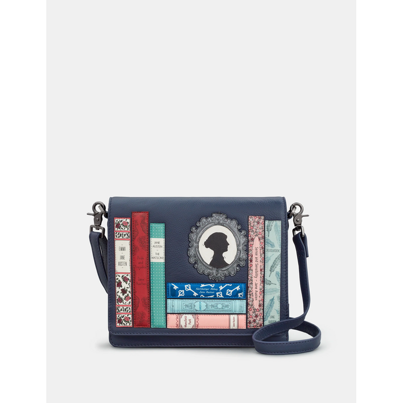 Yoshi Jane Austen Bookworm Triple Gusset Navy Leather Flap Over Bag